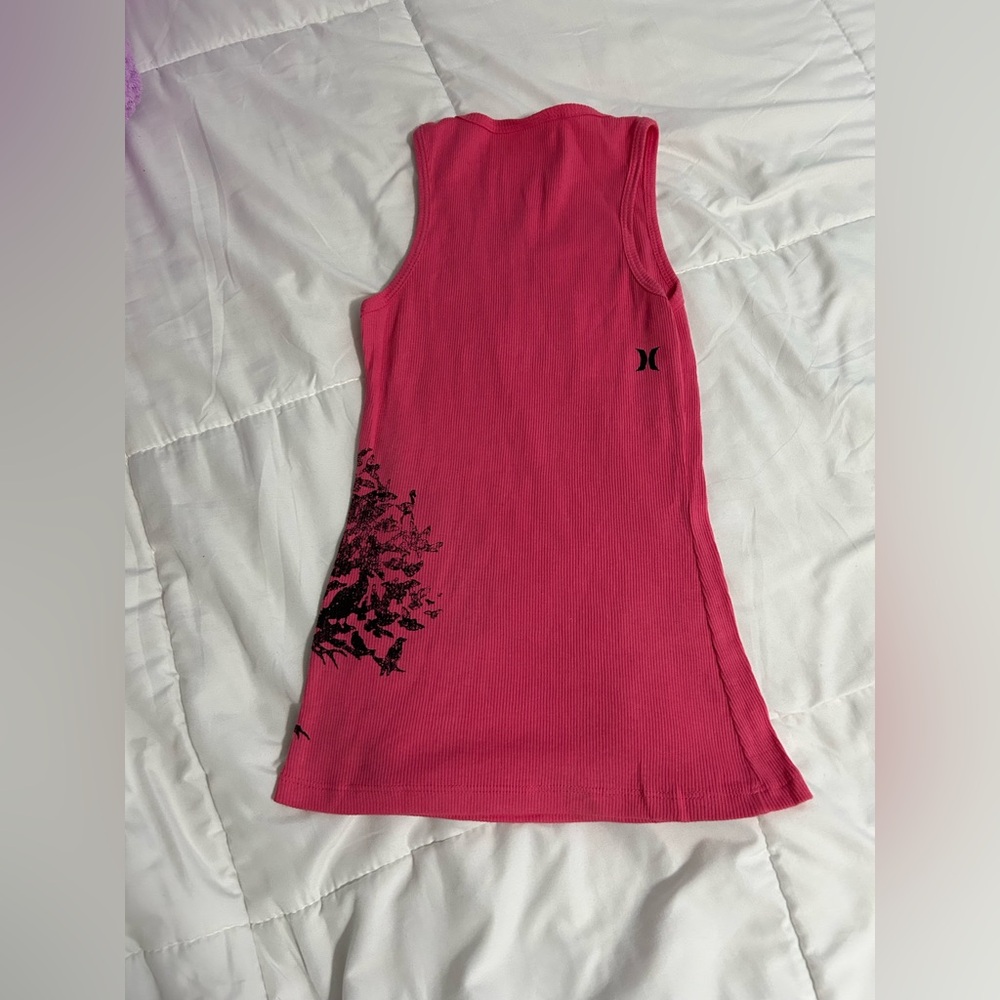 Vintage Y2K Hurley Pink Cotton Ribbed Tank Top Screen Print Birds in a Tree - Picture 2 of 6